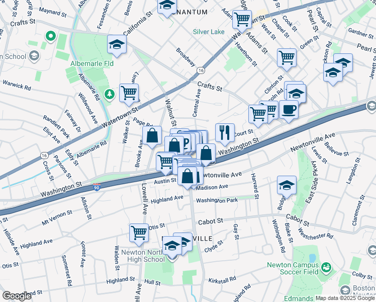 map of restaurants, bars, coffee shops, grocery stores, and more near in Newton