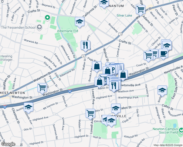 map of restaurants, bars, coffee shops, grocery stores, and more near 40 Brooks Avenue in Newton