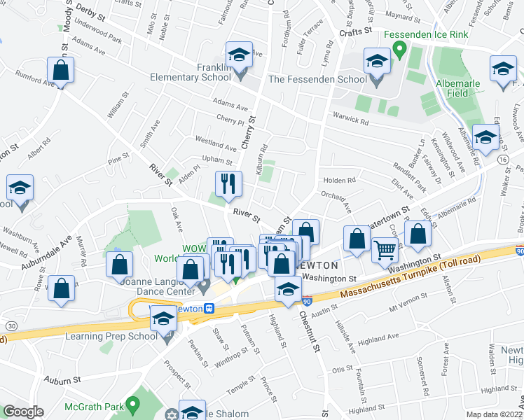 map of restaurants, bars, coffee shops, grocery stores, and more near 12 Henshaw Terrace in Newton