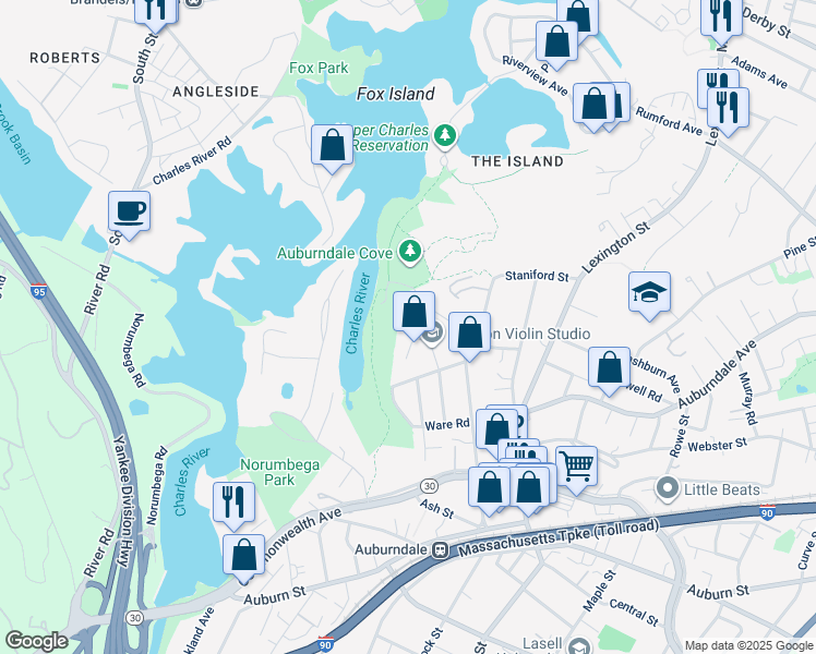 map of restaurants, bars, coffee shops, grocery stores, and more near 20 Edgewater Park in Newton