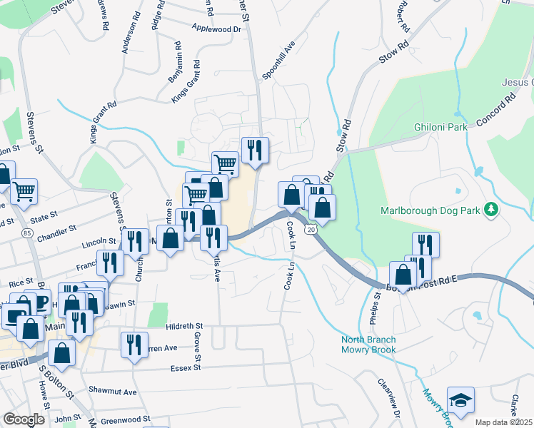 map of restaurants, bars, coffee shops, grocery stores, and more near 328 East Main Street in Marlborough