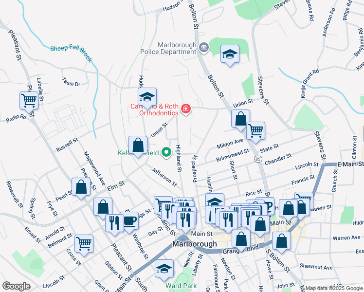map of restaurants, bars, coffee shops, grocery stores, and more near 37 Barnes Circle in Marlborough