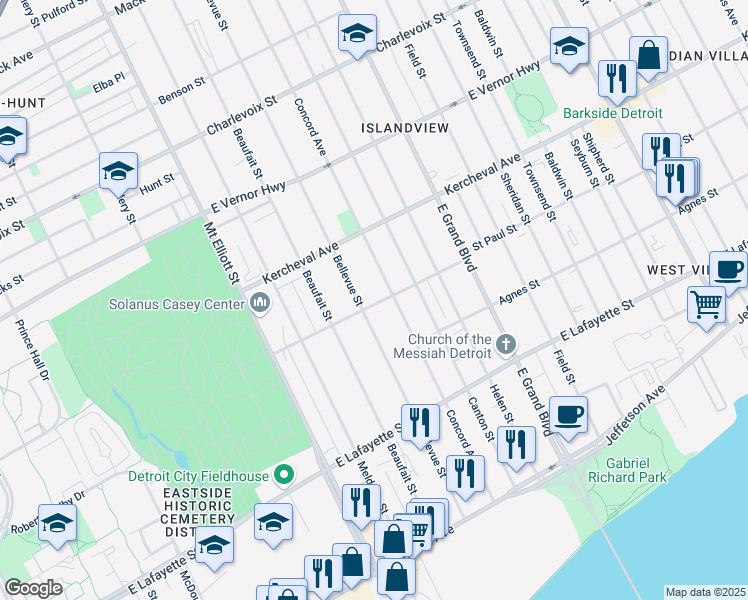 map of restaurants, bars, coffee shops, grocery stores, and more near 6625 Saint Paul Street in Detroit