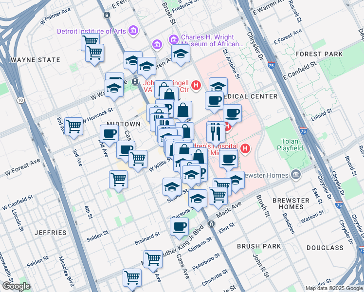 map of restaurants, bars, coffee shops, grocery stores, and more near 83 East Willis Street in Detroit