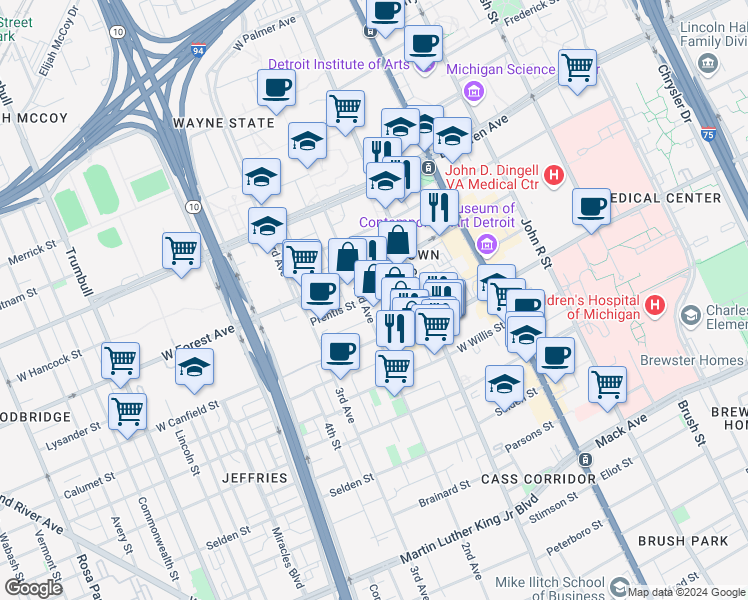 map of restaurants, bars, coffee shops, grocery stores, and more near 4606 2nd Avenue in Detroit