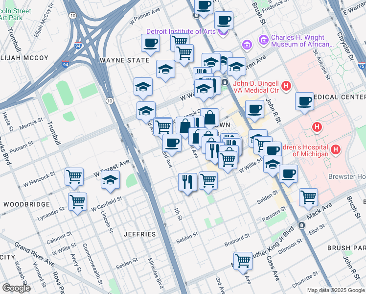 map of restaurants, bars, coffee shops, grocery stores, and more near 651 West Forest Avenue in Detroit
