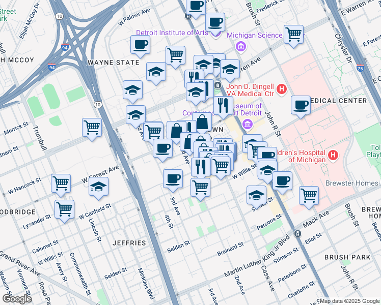 map of restaurants, bars, coffee shops, grocery stores, and more near 497 Prentis Street in Detroit