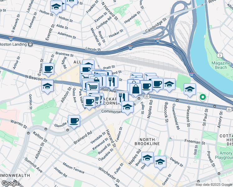 map of restaurants, bars, coffee shops, grocery stores, and more near 66 Brighton Avenue in Boston