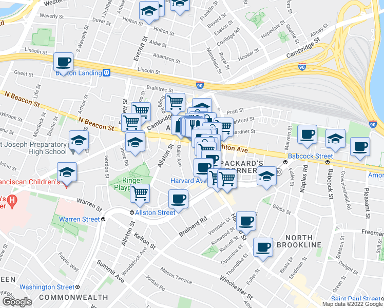 map of restaurants, bars, coffee shops, grocery stores, and more near 47 Park Vale Avenue in Boston
