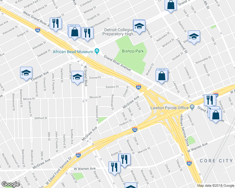 map of restaurants, bars, coffee shops, grocery stores, and more near 3544 Moore Place in Detroit