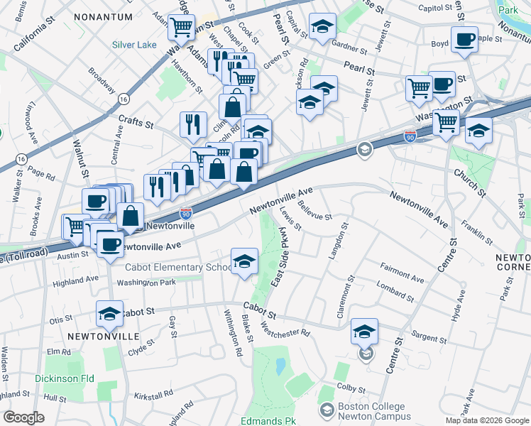 map of restaurants, bars, coffee shops, grocery stores, and more near 256 Newtonville Avenue in Newton