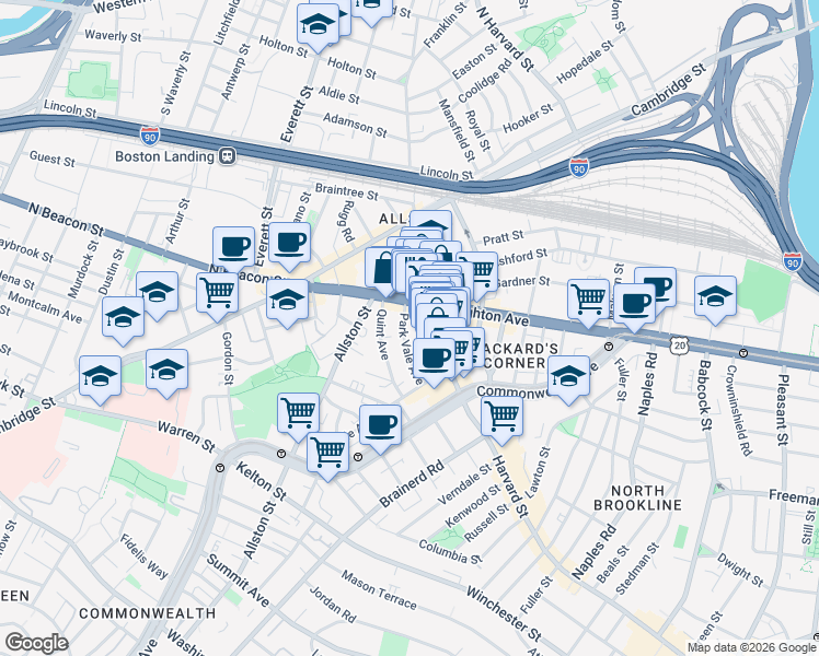 map of restaurants, bars, coffee shops, grocery stores, and more near 47 Park Vale Avenue in Boston