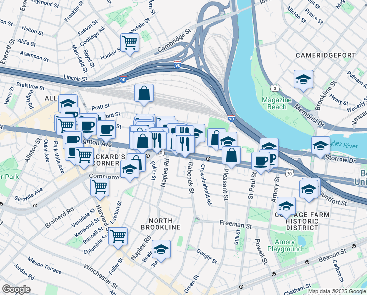 map of restaurants, bars, coffee shops, grocery stores, and more near 1047 Commonwealth Avenue in Boston