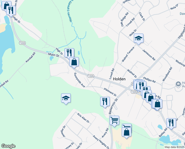 map of restaurants, bars, coffee shops, grocery stores, and more near 1300 Main Street in Holden
