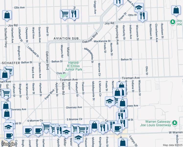 map of restaurants, bars, coffee shops, grocery stores, and more near 8043 Middlepoint Street in Detroit