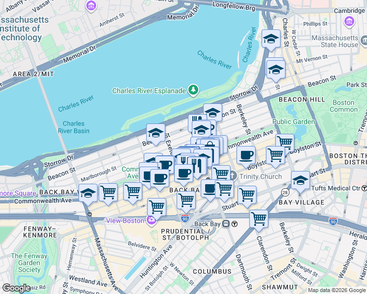 map of restaurants, bars, coffee shops, grocery stores, and more near 312 Dartmouth Street in Boston