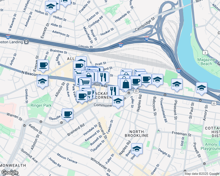 map of restaurants, bars, coffee shops, grocery stores, and more near 66 Brighton Avenue in Boston