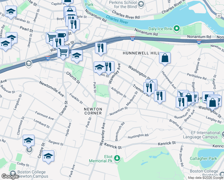 map of restaurants, bars, coffee shops, grocery stores, and more near 102 Arlington Street in Newton