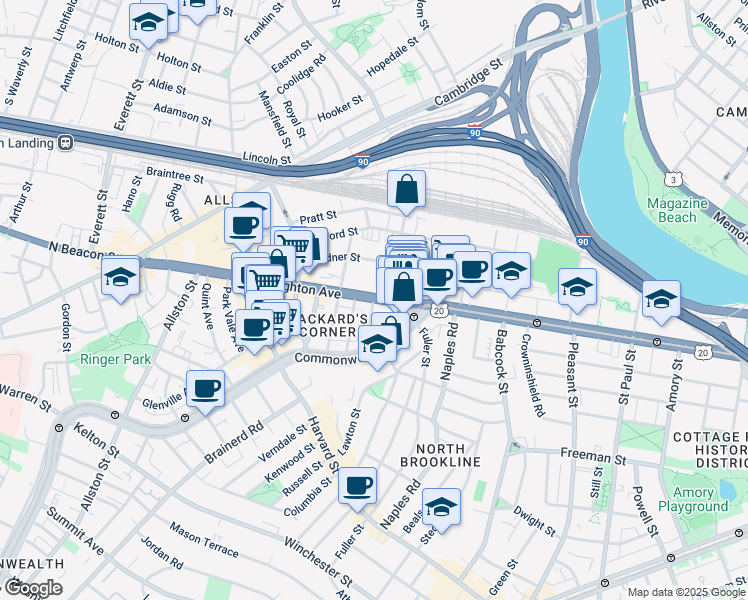 map of restaurants, bars, coffee shops, grocery stores, and more near 39 Brighton Avenue in Boston
