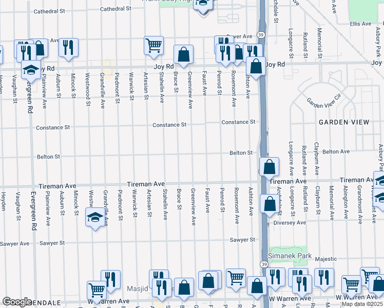 map of restaurants, bars, coffee shops, grocery stores, and more near 18601 Belton Street in Detroit