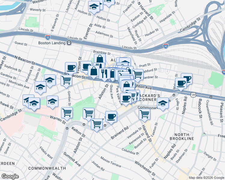 map of restaurants, bars, coffee shops, grocery stores, and more near 21 Quint Avenue in Boston