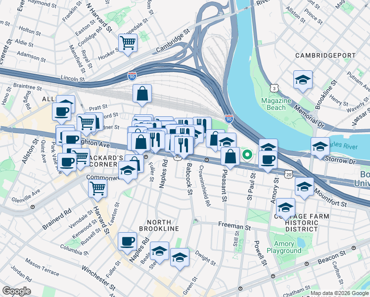 map of restaurants, bars, coffee shops, grocery stores, and more near 1047 Commonwealth Avenue in Boston