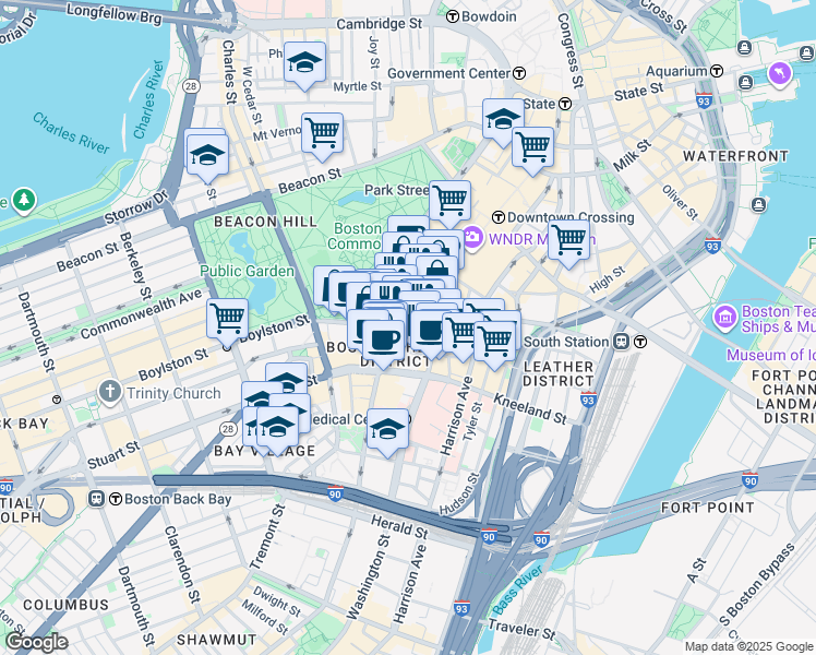 map of restaurants, bars, coffee shops, grocery stores, and more near 40 Boylston Street in Boston