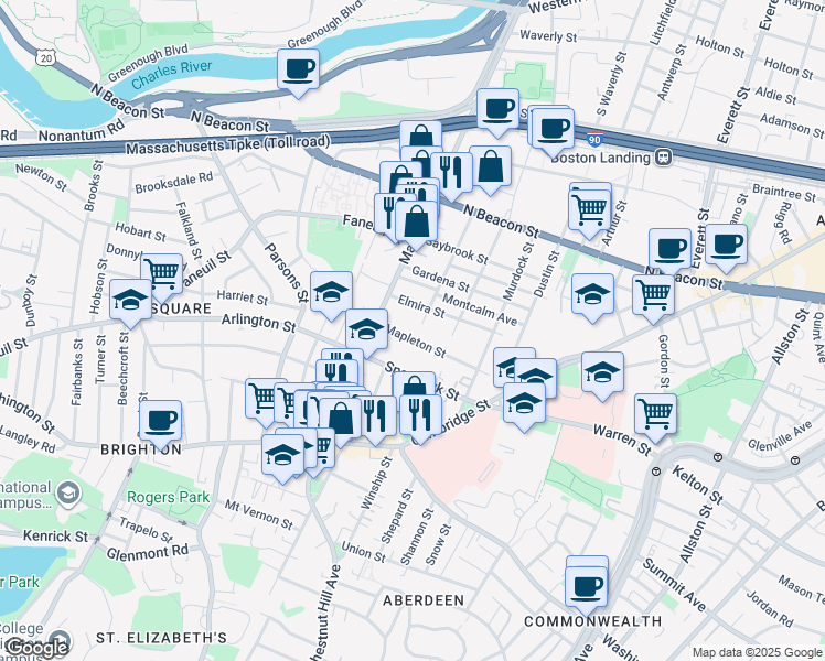 map of restaurants, bars, coffee shops, grocery stores, and more near 90 Glencoe Street in Boston