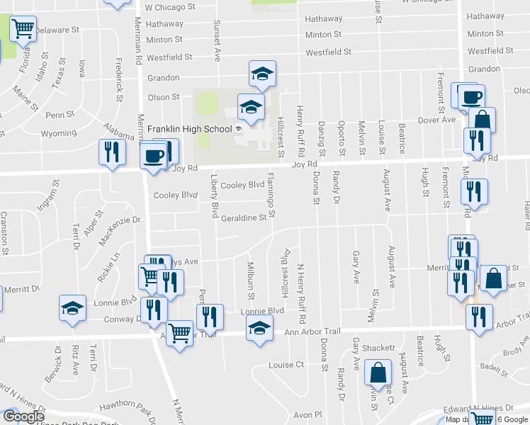 map of restaurants, bars, coffee shops, grocery stores, and more near 30614 Geraldine Street in Westland