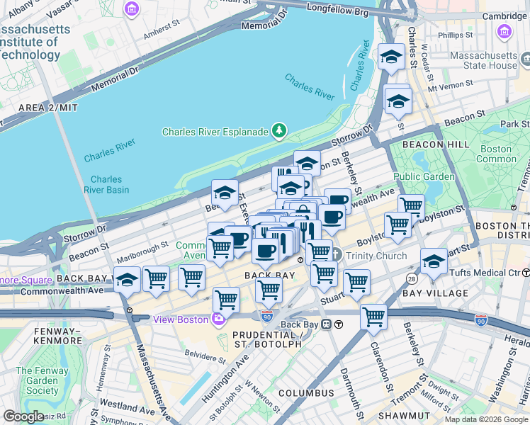 map of restaurants, bars, coffee shops, grocery stores, and more near 312 Dartmouth Street in Boston