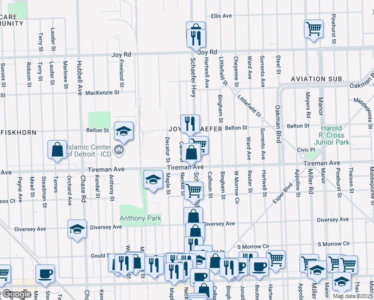 map of restaurants, bars, coffee shops, grocery stores, and more near 8070 Carlin Street in Detroit