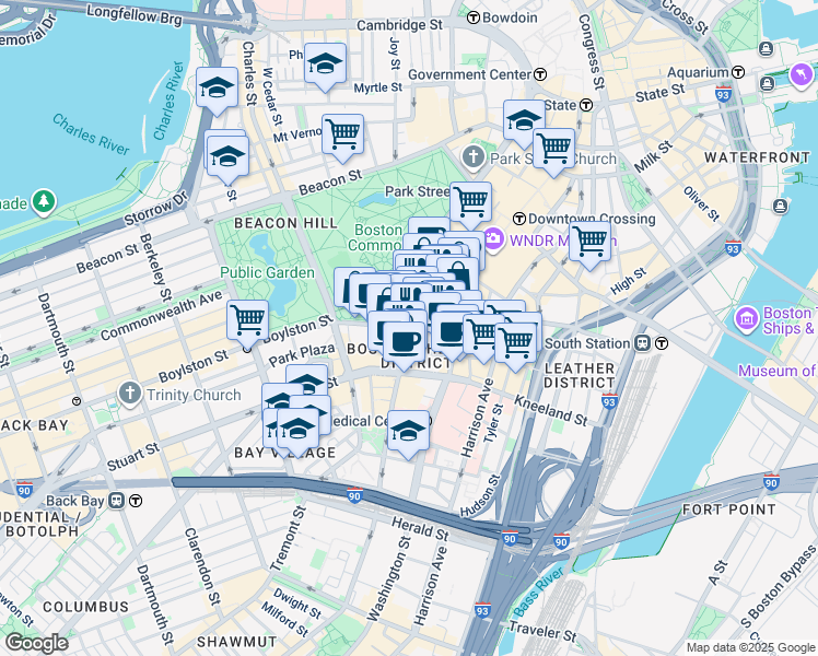 map of restaurants, bars, coffee shops, grocery stores, and more near in Boston