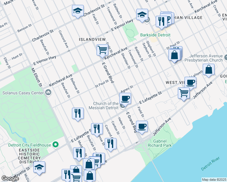 map of restaurants, bars, coffee shops, grocery stores, and more near 305 East Grand Boulevard in Detroit