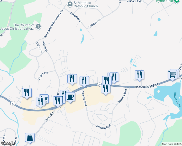 map of restaurants, bars, coffee shops, grocery stores, and more near 720 Boston Post Road East in Marlborough
