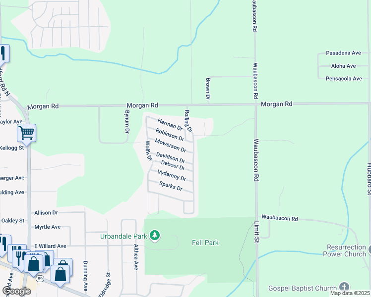 map of restaurants, bars, coffee shops, grocery stores, and more near 100 Mowerson Drive in Battle Creek