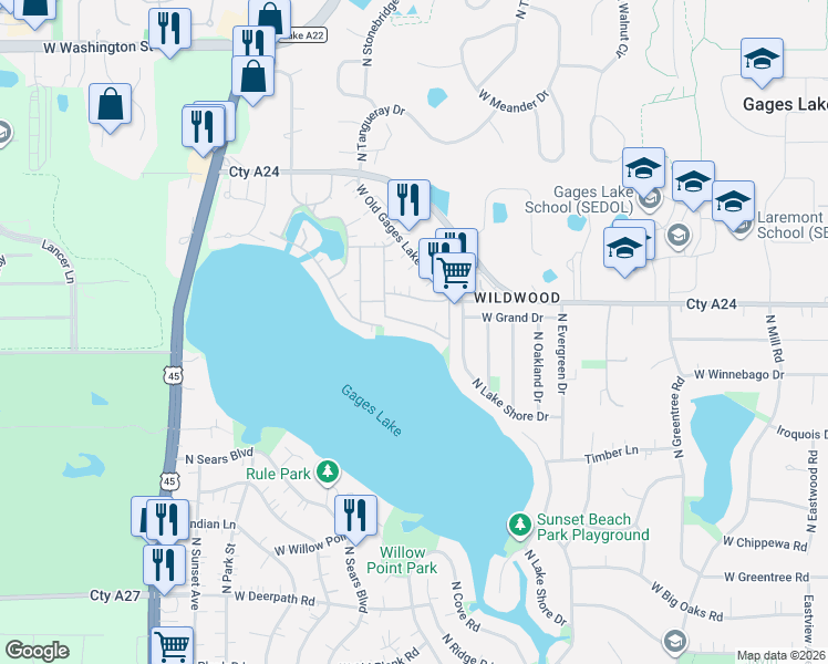 map of restaurants, bars, coffee shops, grocery stores, and more near 33670 North Lake Shore Drive in Grayslake