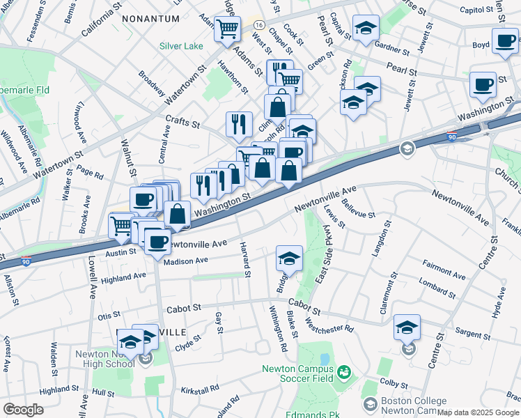 map of restaurants, bars, coffee shops, grocery stores, and more near 34 Farquhar Road in Newton