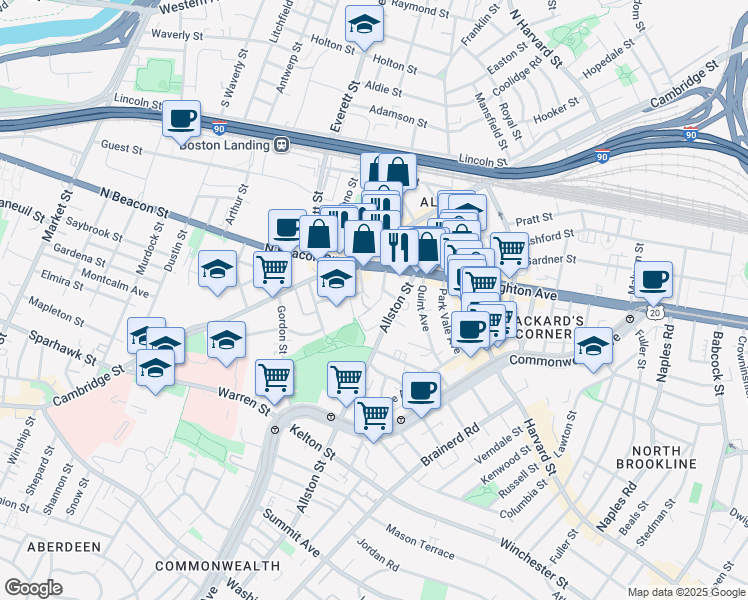 map of restaurants, bars, coffee shops, grocery stores, and more near 21-23 Higgins Street in Boston