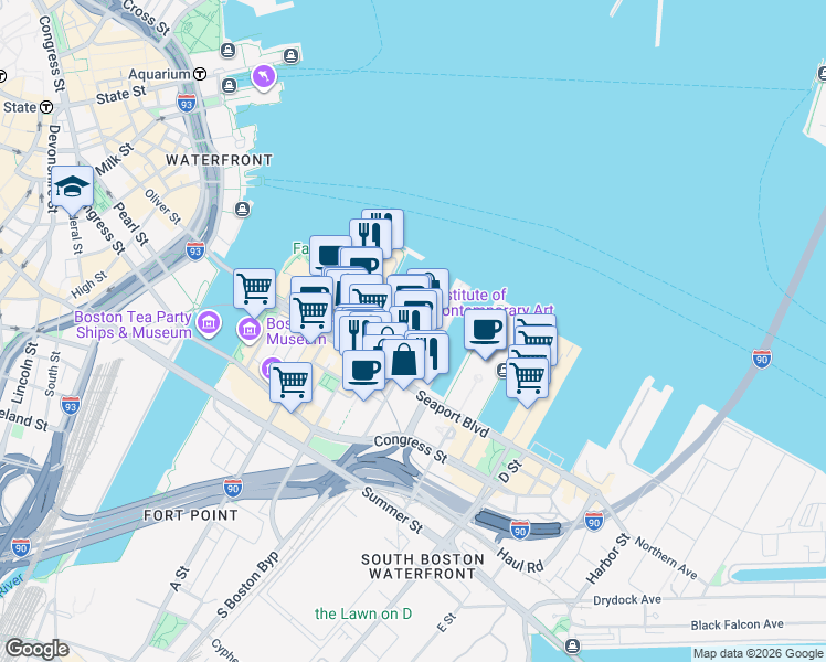 map of restaurants, bars, coffee shops, grocery stores, and more near 100 Northern Avenue in Boston
