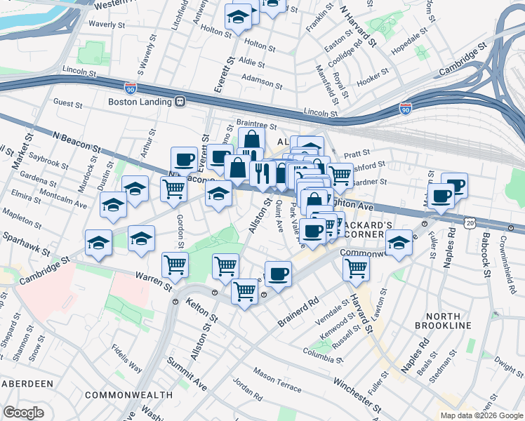 map of restaurants, bars, coffee shops, grocery stores, and more near 21 Quint Avenue in Boston