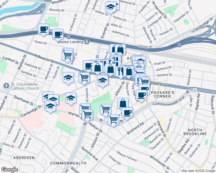 map of restaurants, bars, coffee shops, grocery stores, and more near 1 Islington Street in Boston
