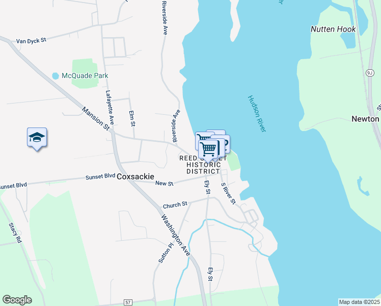 map of restaurants, bars, coffee shops, grocery stores, and more near 47 Mansion Street in Coxsackie