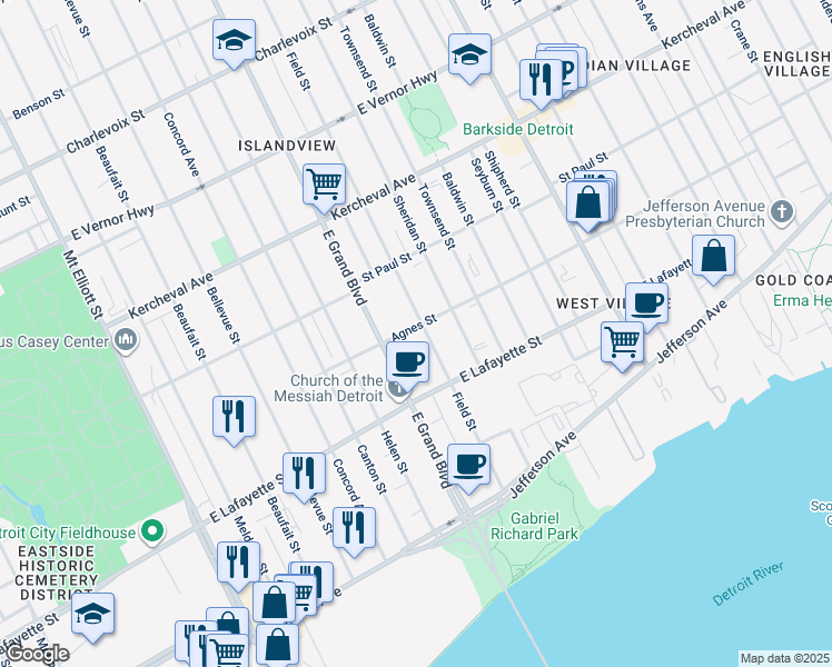 map of restaurants, bars, coffee shops, grocery stores, and more near 1117 Field Street in Detroit