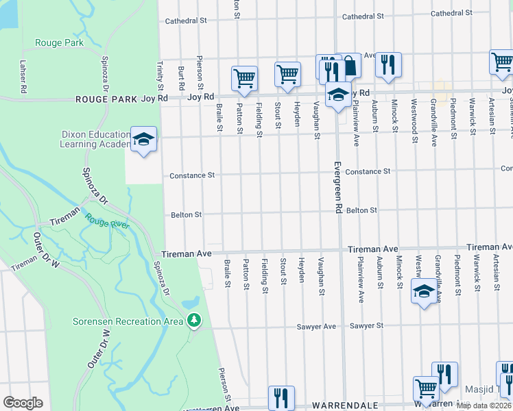 map of restaurants, bars, coffee shops, grocery stores, and more near 8221 Fielding Street in Detroit