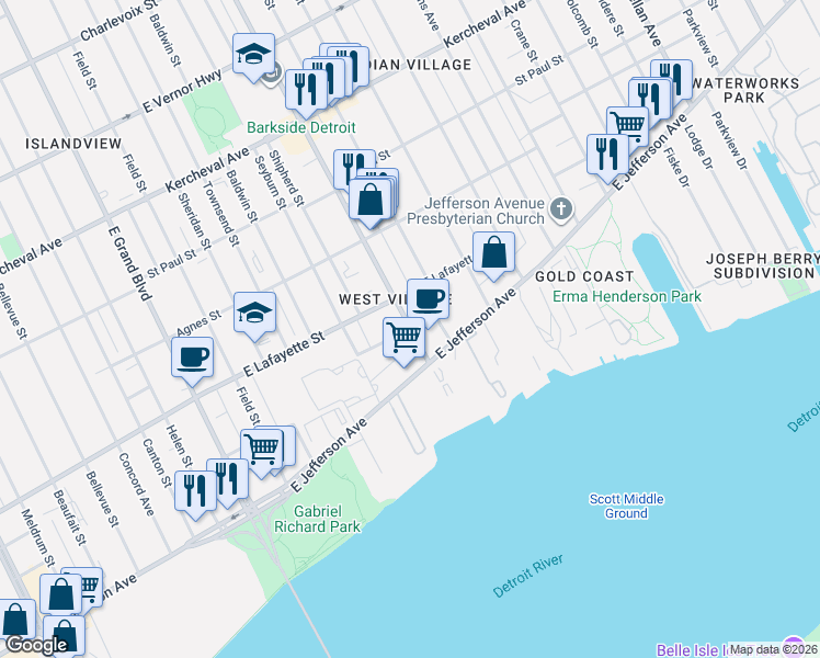 map of restaurants, bars, coffee shops, grocery stores, and more near Van Dyke St & Van Dyke Pl in Detroit