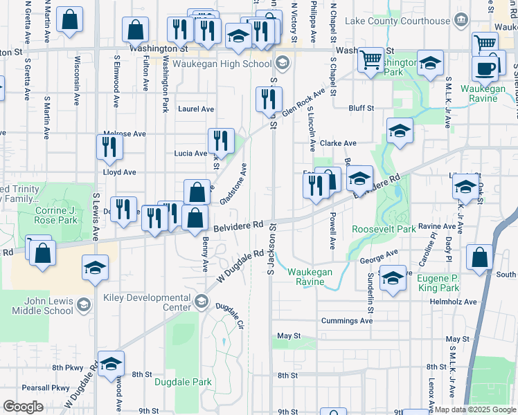 map of restaurants, bars, coffee shops, grocery stores, and more near 439 Wainlow Avenue in Waukegan