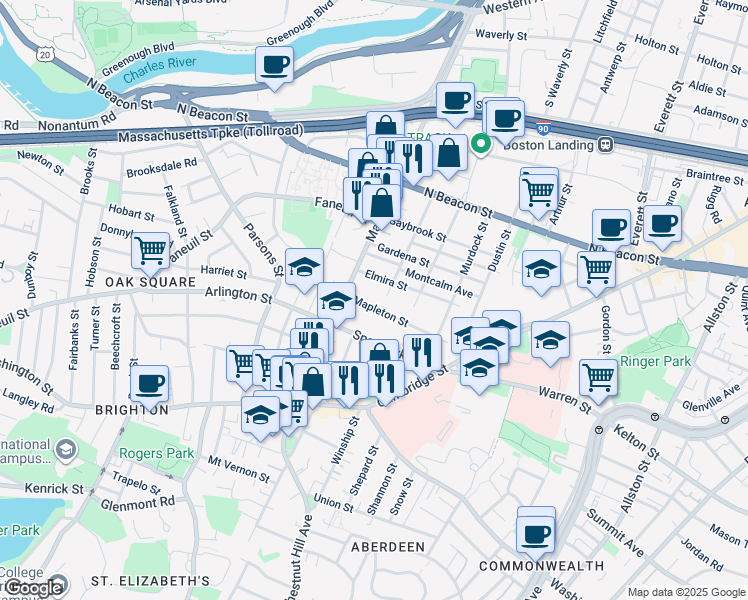 map of restaurants, bars, coffee shops, grocery stores, and more near 90 Glencoe Street in Boston