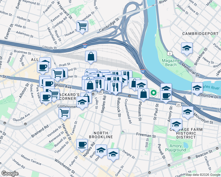 map of restaurants, bars, coffee shops, grocery stores, and more near 1047 Commonwealth Avenue in Boston