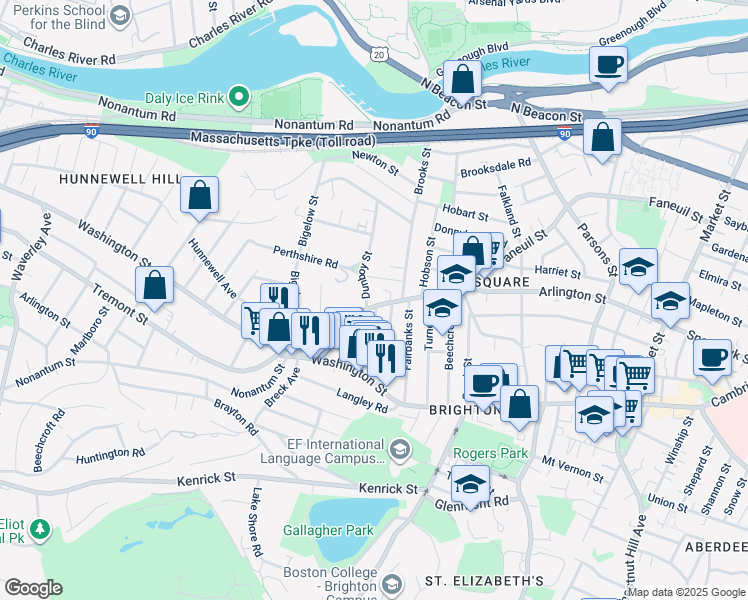 map of restaurants, bars, coffee shops, grocery stores, and more near 335 Faneuil Street in Boston