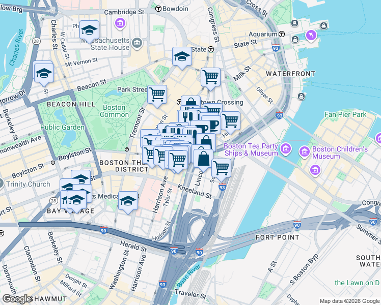 map of restaurants, bars, coffee shops, grocery stores, and more near 125 Kingston Street in Boston